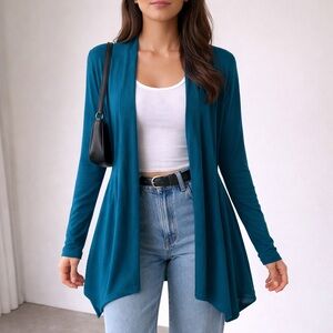 Ya Los Angeles Women's Teal Open Longline Flowy Cardigan Size L Elegant Back